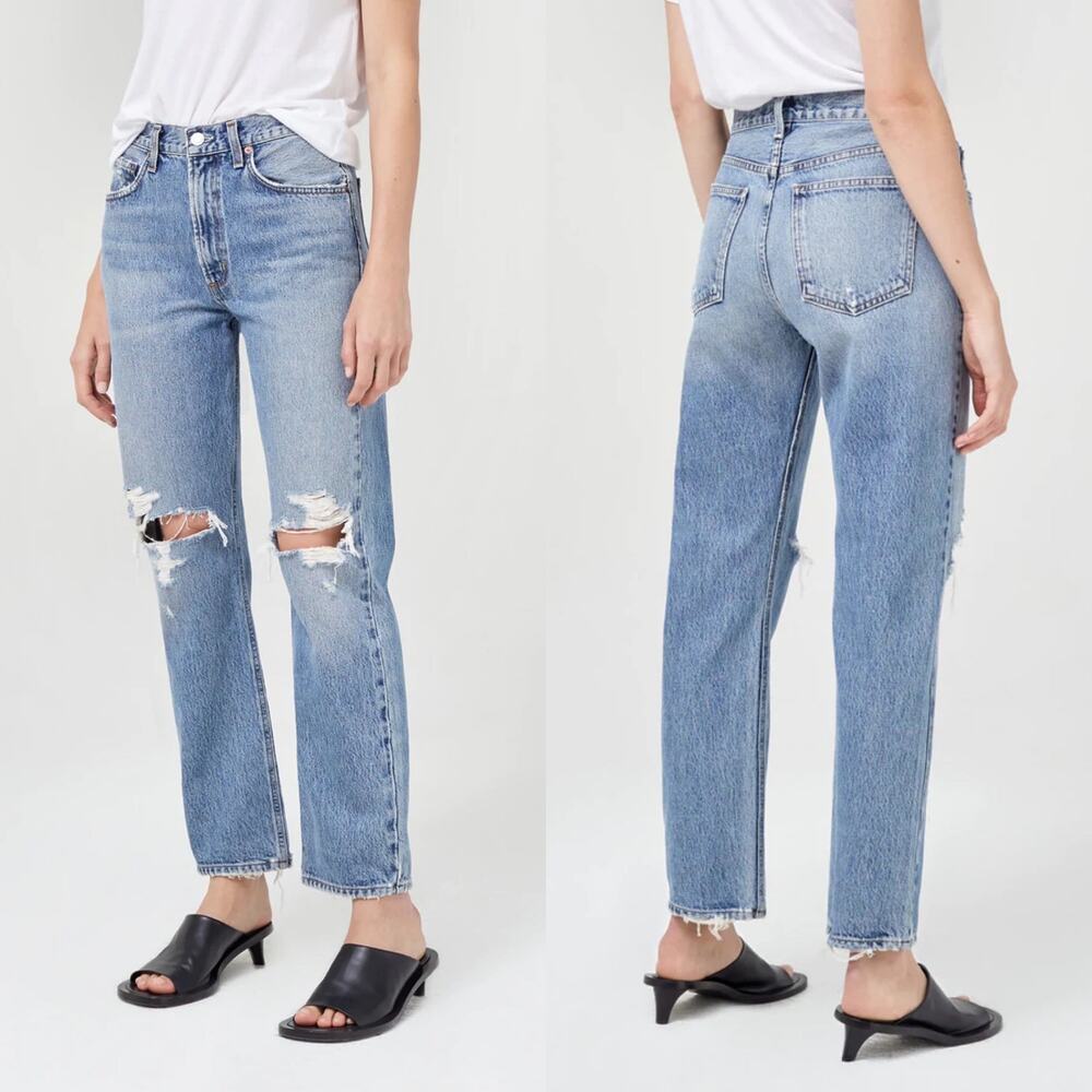 AGOLDE NWT Mia Mid Rise Straight Jeans Women’s Size 30 Distressed Blue Denim
